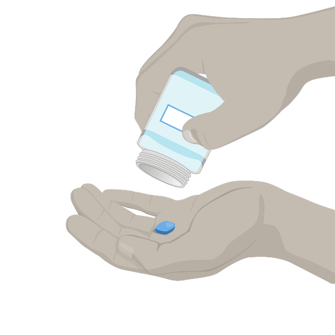 Illustration of hands tipping a blue pill out of a bottle