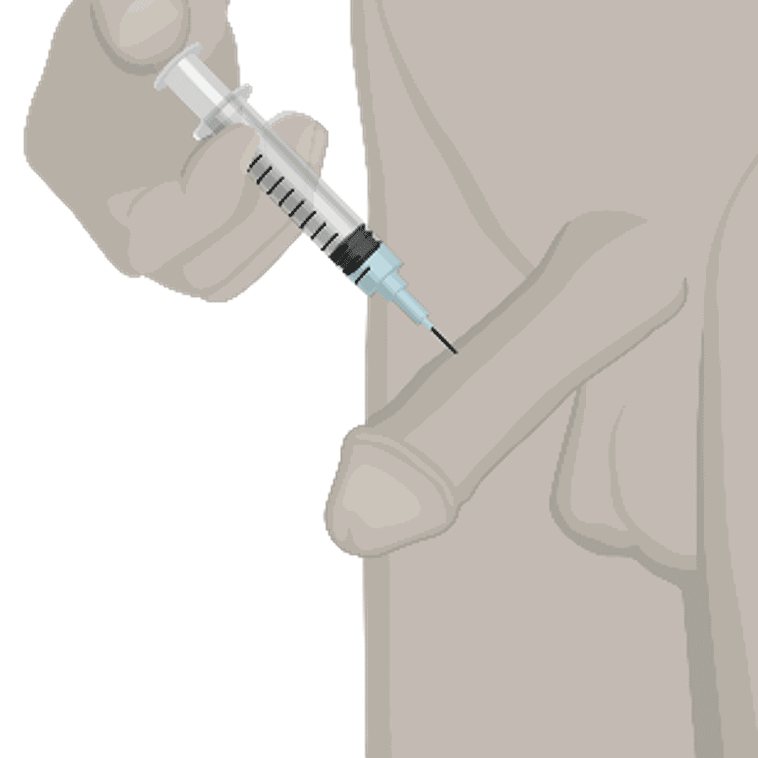 Illustration of a man injecting medication directly into his penis with a needle